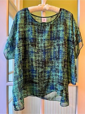CAbi Tank & Tee Set, Sheer Green & Blue Abstract Asymmetrical 2-Tier Blouse